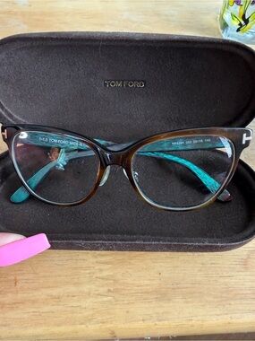 Tom Ford Tortoiseshell Cat-Eye Glasses with Teal Temples